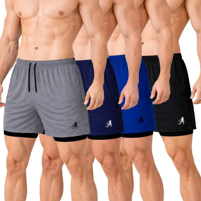 Kit 4 Shorts Masculinos 2 em 1 para Atividades Esportivas com Estampa de Corrida
