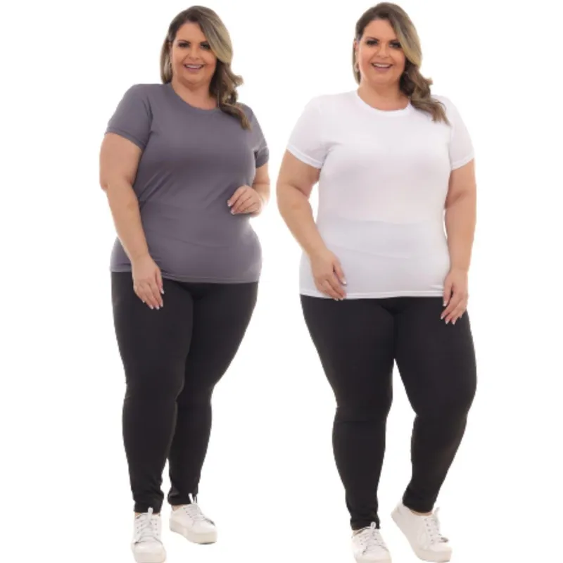 Kit 2 Peças - Camiseta Feminina Plus Size Poliester Academia