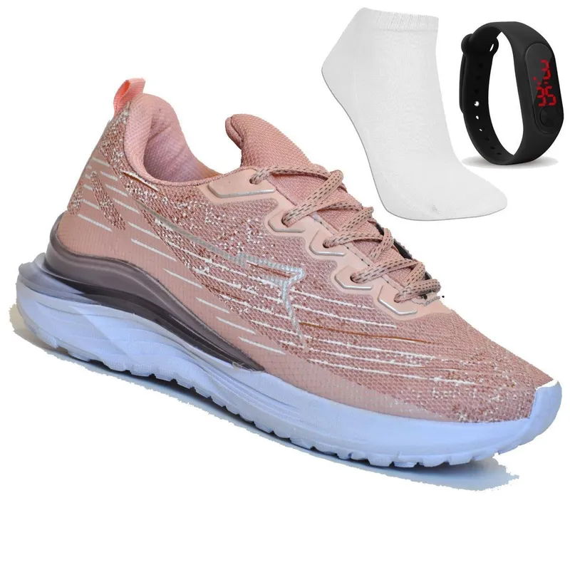 TENIS FEMININO P/ ACADEMIA E CAMINHADA RYN R1502N + RELOGIO + MEIA - NUDE