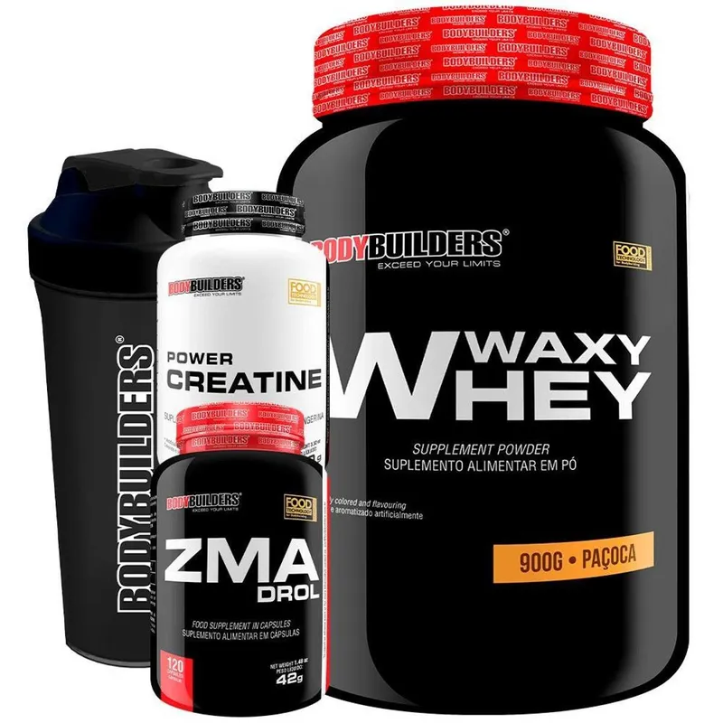 Kit Waxy Whey 900g + ZMA Elements 100 caps + Creatina 100g + Coqueteleira Bodybuilders