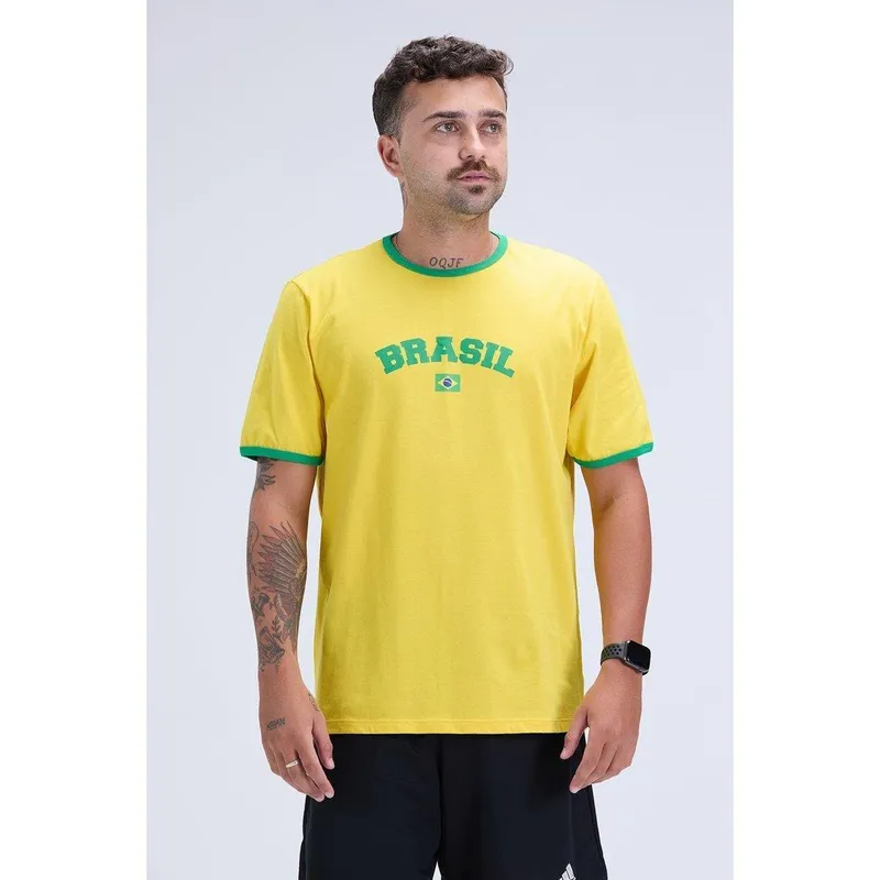 Camiseta Masculina Brasil Copa 100% Algodão Amarela