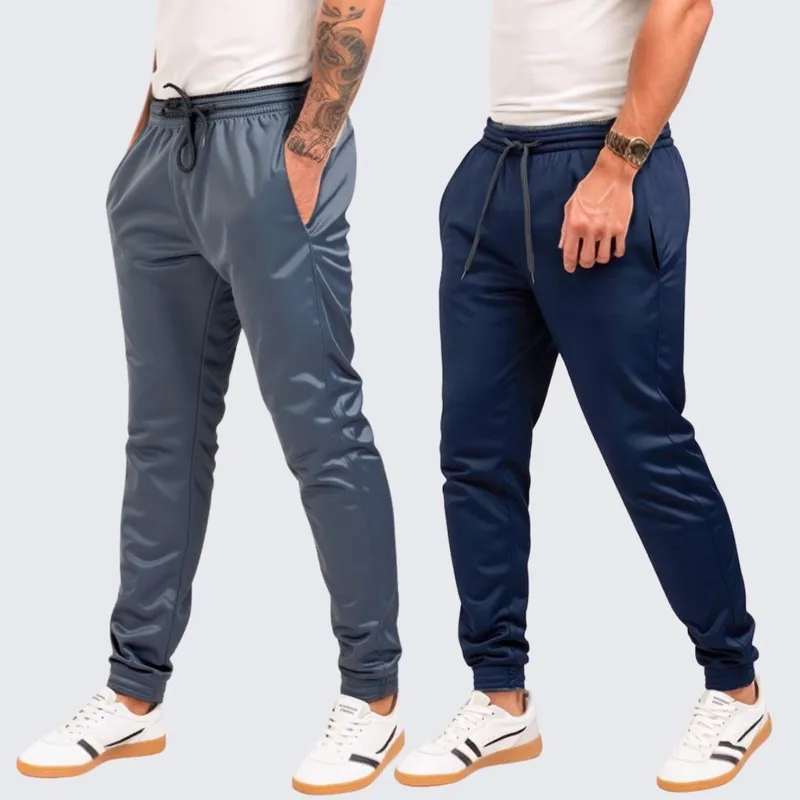 Kit 2 Calça Jogger Lisa Masculina Elástico Barra 9101 - Azul+Cinza - M