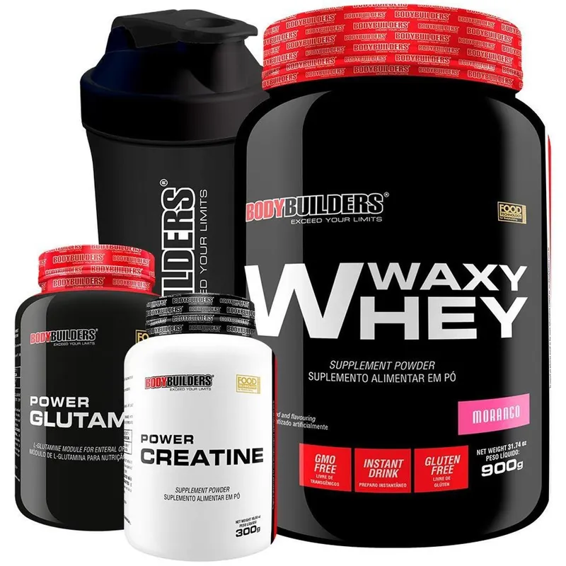 KIT Waxy Whey 900g + Creatina 100g + Glutamina 100g + Coqueteleira - Bodybuilders