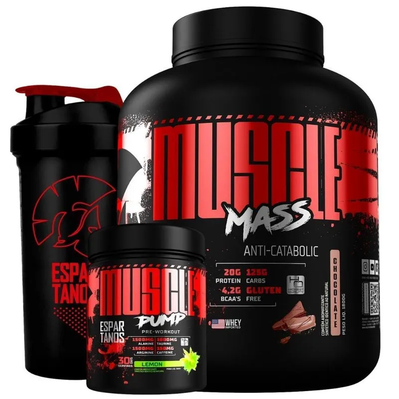 Hipercalórico Muscle Mass + Pré Treino Muscle Pump + Shaker - Baunilha