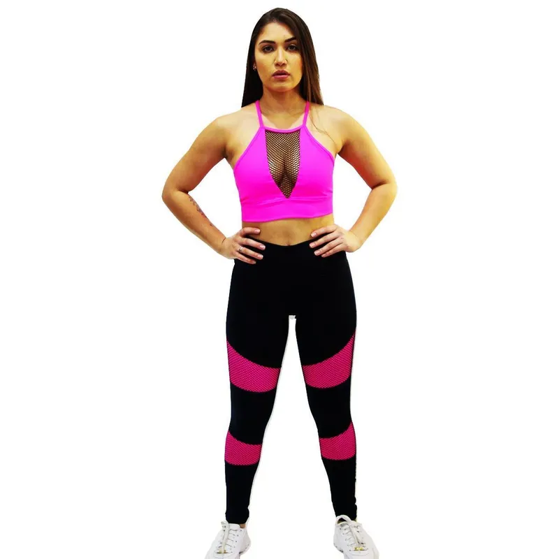 Calça fuso de suplex poliamida detalhe em arrastão colorido