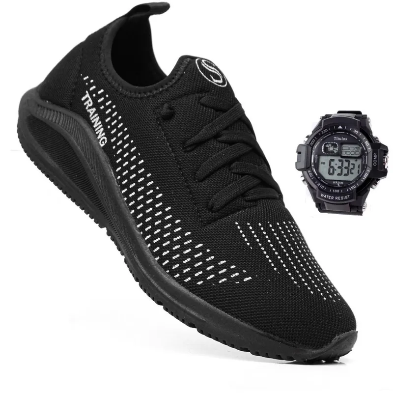 Tênis Academia Masculino Corrida Caminhada Preto Treino Leve+ Relógio