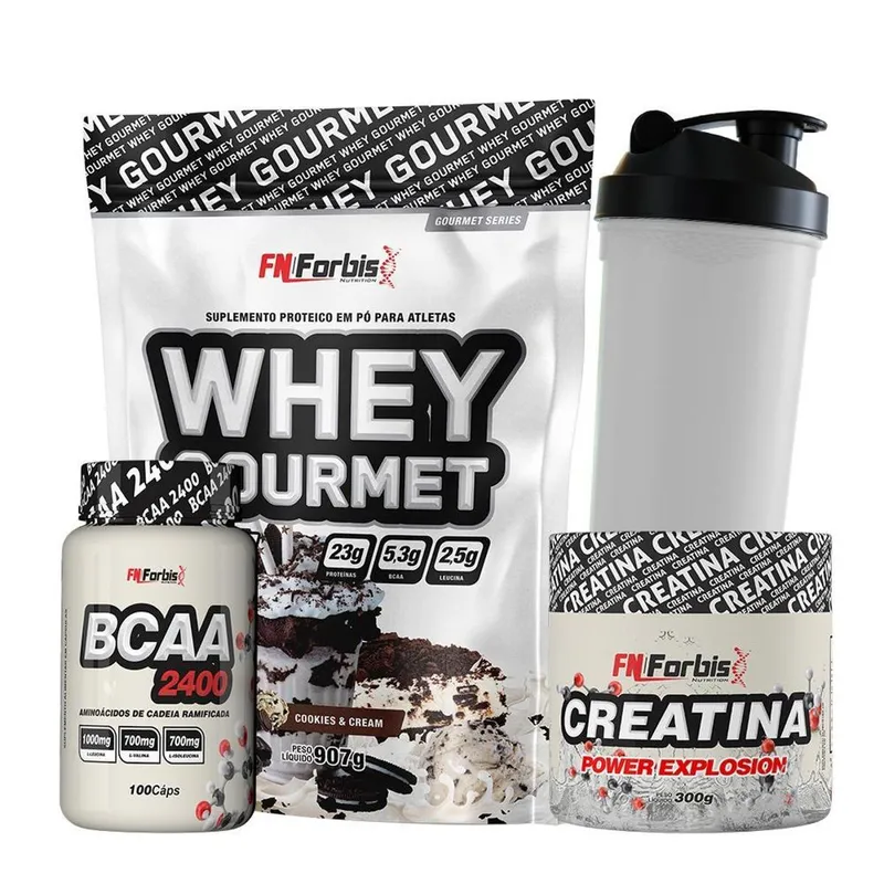 Kit Whey Protein Refil + Creatina 300g + BCAA cáps + Coqueteleira - FN Forbis Nutrition