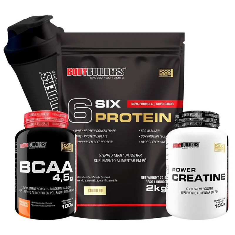 Kit 6 Six Protein 2kg Morango + BCAA 4,5 100g + Creatina 100g + Coqueteleira – Bodybuilders