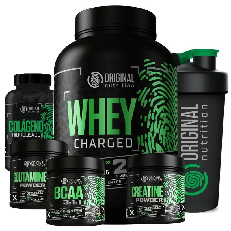 Kit Whey Protein Charged + Bcaa + Creatina Monohidratada + Glutamina + Colágeno + Shaker