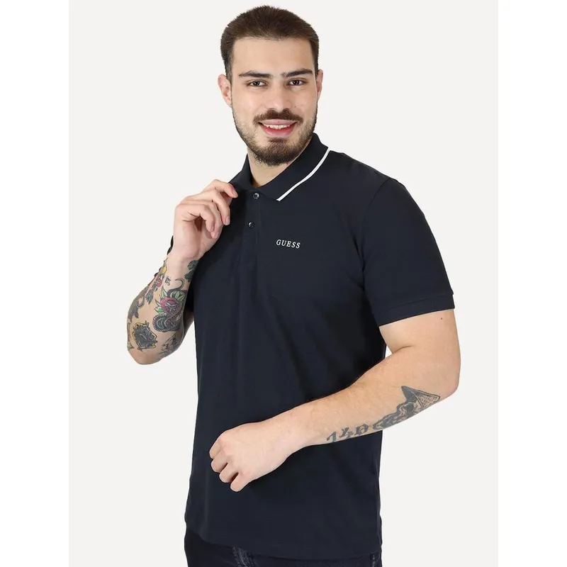 Polo Guess Masculina Piquet Silk Linear Light Friso Azul Marinho