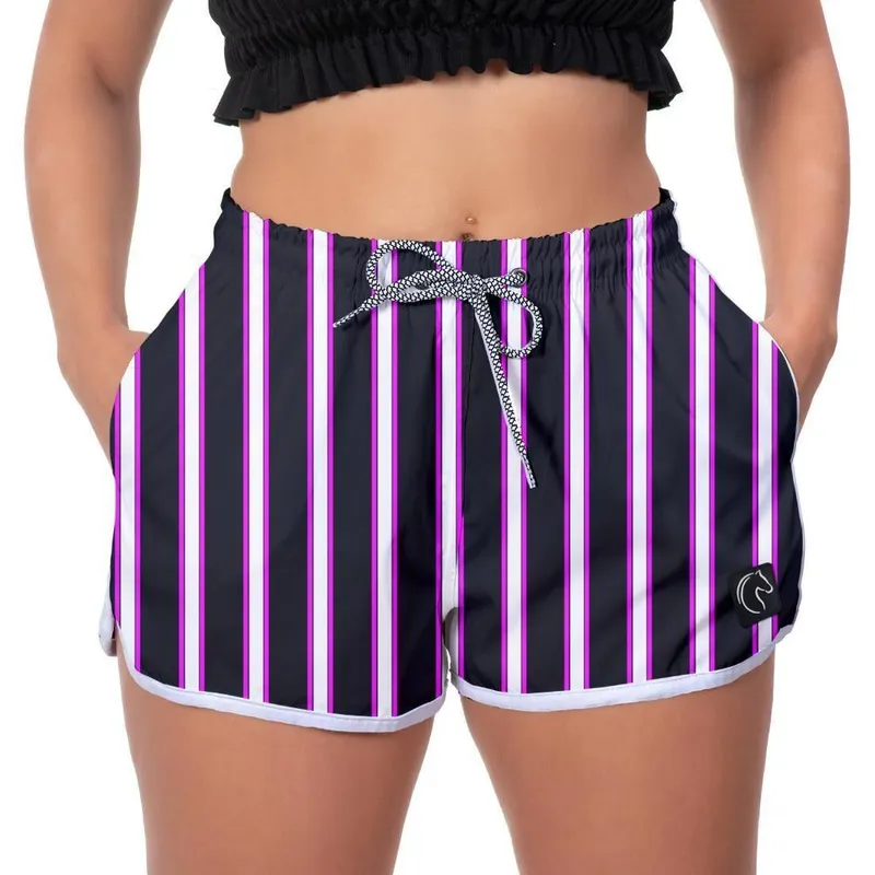 Short Praia Premium Feminino Listrado Roxo Estampado Academia Fitness Caminhada Esporte