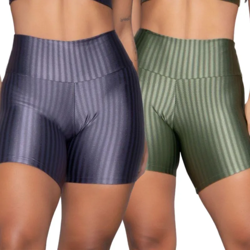 Short Fitness Ikat New Zig 3D Serra e Mar Kit Com Duas Cores Cós Alto Roupa Para Academia Treino