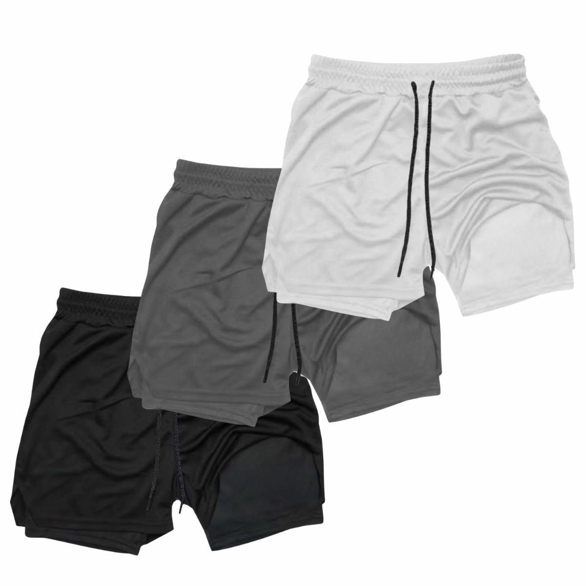 Kit 3 Shorts Masculinos 2 em 1 com Camada Térmica e Tecido de Alta Respirabilidade