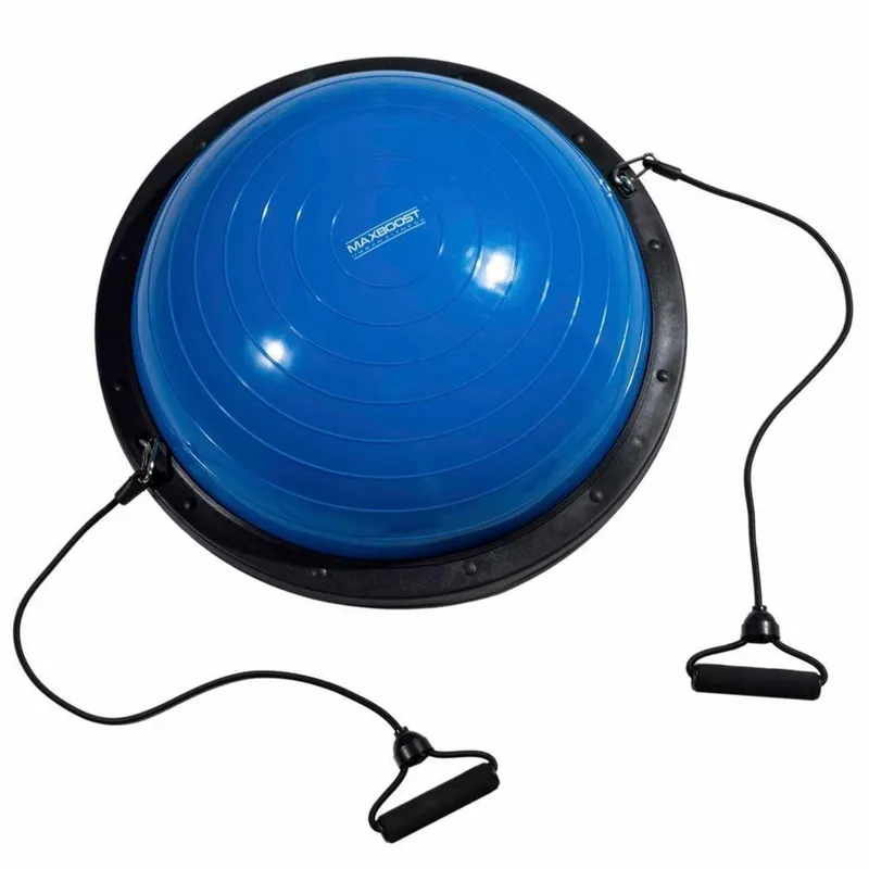 Kit Meia Bola Azul Suiça 58 cm com Alças Bomba de Encher Pilates Yoga