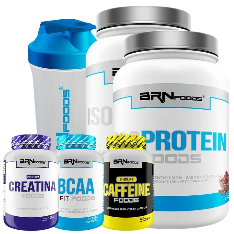 Kit 2x Whey Protein Iso 900g + Cafeína 120cap + Creatina 100g + BCAA 100g + Coqueteleira 600ml