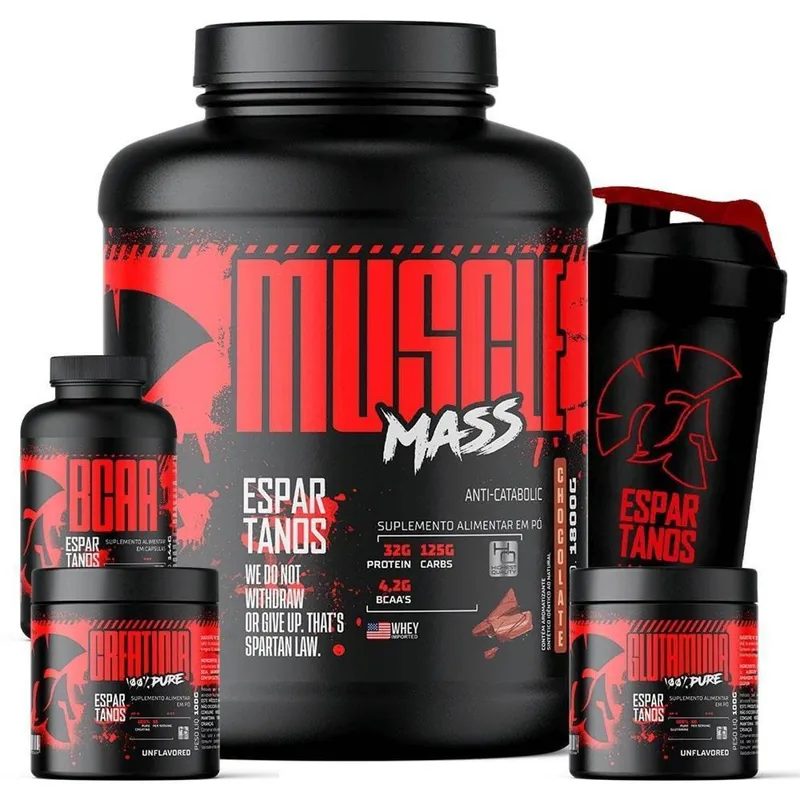Kit Mass Hipercalórico + Bcaa + Creatina + Glutamina + Coqueteleira