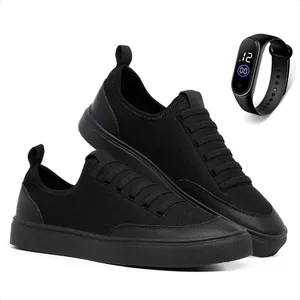 Kit Tênis Meia Casual Masculino Feminino Sola Reta Cadarço Elástico Leve Confortável + Relógio