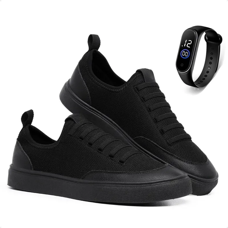 Kit Tênis Meia Casual Masculino Feminino Sola Reta Cadarço Elástico Leve Confortável + Relógio