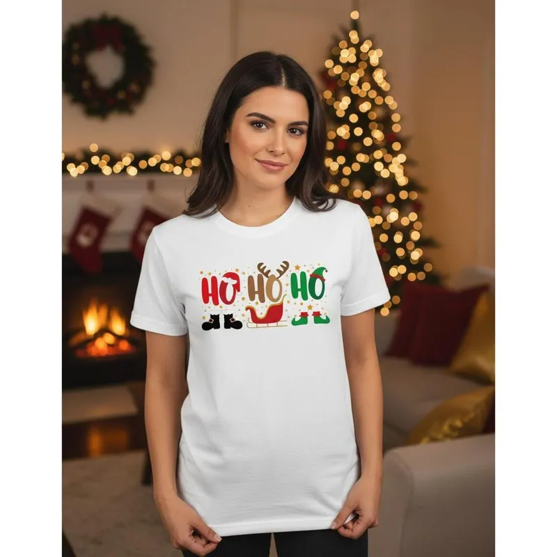 Camiseta Feminina Hohoho Estampada Natal Festas Malha Premiun Algodão