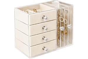 Organizador de Joias Acrílico Transparente, 4 Gavetas de Veludo, Suporte para Brincos, Colares, Anéis e Pulseiras (Bege Off W