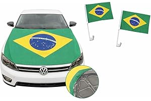 Kit Bandeira do Brasil Capô de Carro 110cm x 150cm e 2 Bandeiras com Hastes para carro 30cm x 45cm