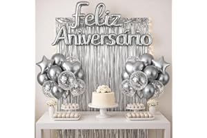 Kit Decoração Festa Feliz Aniversário com Balões Letras, Cortina Metalizada e Faixa, Decoração Completa para Aniversário (Pra