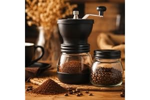 Moedor de Café Manual Ajustável com Mó Cerâmica, Pote de Vidro + Recipiente Extra para Grãos, Portátil, Fácil de Usar – Preto