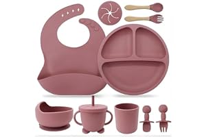 Kit Introdução Alimentar Bebê em Silicone Premium, 8 Peças, Prato Dividido, Bowl, Copo com Tampa e Canudo, Babador e Talheres