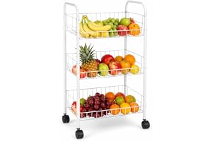 Fruteira 3 Andares com Rodinhas, Aço Resistente, Branca, 63x36,5x24 cm, com 2 Alças Laterais, para Cozinha