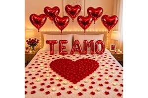 Kit Romântico Decoração Completa Te Amo com 300 Pétalas, 6 Balões Coração 45cm, Balão Letras 40cm, 10 Velas e Canudo para Enc