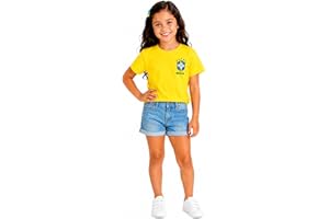 Camiseta Infantil Menino e Menina Unissex Estampa Brasil 100% Algodão, Seleção Copa do Mundo, Manga Curta, Gola Redonda, Casu
