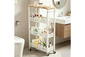 Carrinho Organizador Multiuso de 4 Prateleiras, Metal com Mesa de Madeira, com Alça e Rodas Giratórias 360°, 41x18x83CM, Para