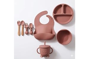 Kit Introdução Alimentar Bebê Completo em Silicone sem BPA, 8 peças, Prato com ventosa + Bowl + Babador + Copo com tampa e ca