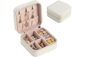 Porta Joias Pequeno em Couro Sintético, Off White, Organizador Portátil para Viagem, com Divisórias, 10x10x5cm (Off White)