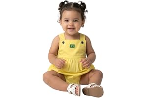 Body Jardineira Bebê Menina Amarelo | Brasil Copa | Tecido Macio | Macacão Verão 2 a 12 Meses | Presente para Bebê | Mundo Ni
