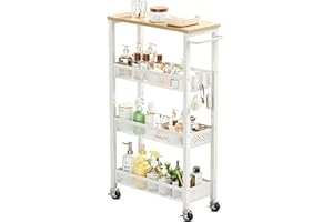 Carrinho Organizador Multiuso Metal de 4 Prateleiras com Mesa de Madeira, 41x18x83CM, Carrinho com Rodinhas e Alça Para Banhe