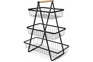 Fruteira Para Cozinha 3 Andares em Metal com Alça de Madeira Organizador Multiuso para Frutas, Legumes e Itens de Bancada Cor