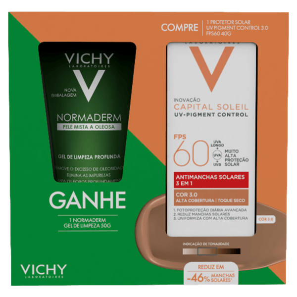 Kit Vichy Protetor Solar Facial FPS 60 Capital Soleil UV-Pigment Control 3.0 40g + Gel de Limpeza Normaderm 50g