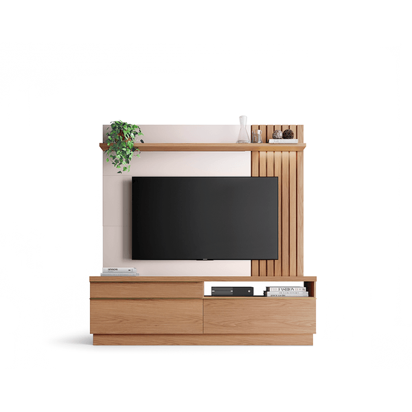 Painel Home Suspenso para TV de até 70'', 2 Portas, 1 Prateleira, 1 Gaveta, Luminária LED - Trancoso Freijó / Off White