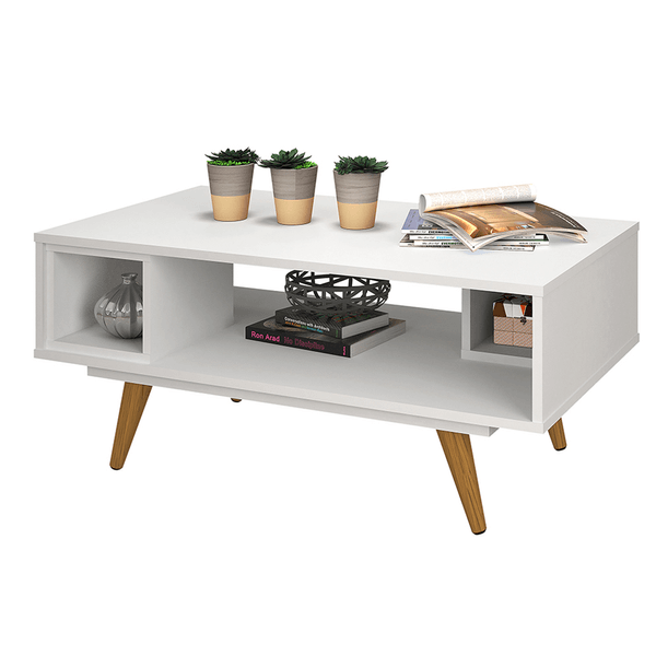 Mesa de Centro em MDP/MDF, 4 Pés de Madeira, 1 Prateleira Interna - 45 Retrô Branco