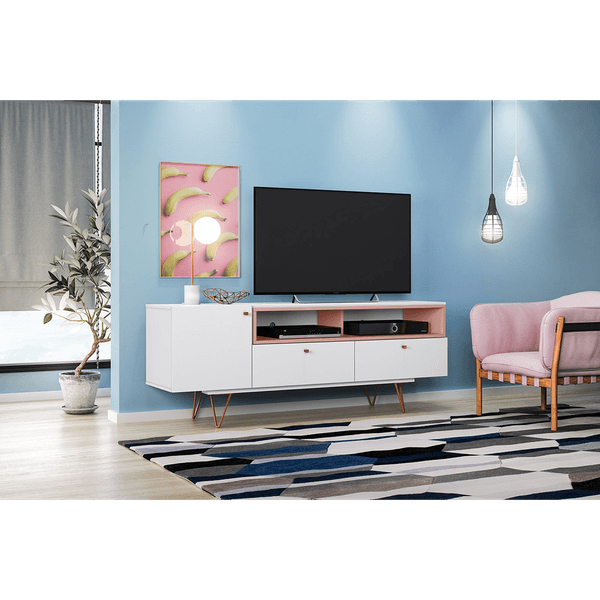 Rack Retrô para TV até 42'', 1 Porta, 2 Gavetas, 2 Prateleiras, 4 Pés - Metal Alasca Branco / Rosé