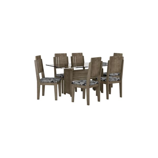 Mesa de Jantar 7 Peças com Tampo em Vidro - RV Móveis Esmeralda Teka / Floral