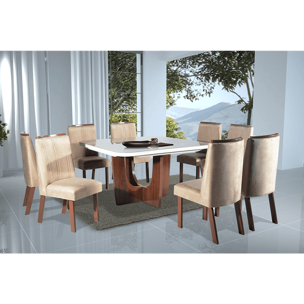 Mesa de Jantar Sofia com 8 Cadeiras em MDF Tampo com Vidro Amêndoa / Off White / Creme