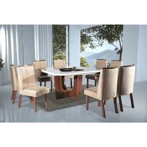 Mesa de Jantar Sofia com 8 Cadeiras em MDF Tampo com Vidro Amêndoa / Off White / Creme