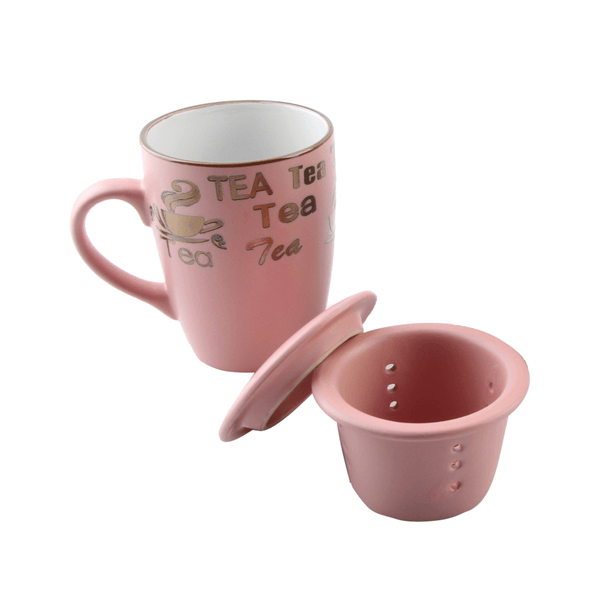 Caneca Vintage Letters Bon Gourmet, Porcelana, com Infusor e Tampa, Rosa, 350ml - 26502