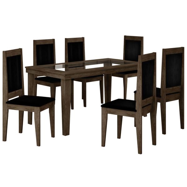 Mesa de Jantar 6 Cadeiras com Tampo de Vidro - Rufato Bari Wengue / Carvalho