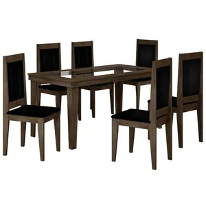 Mesa de Jantar 6 Cadeiras com Tampo de Vidro - Rufato Bari Wengue / Carvalho