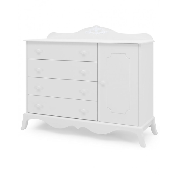 Cômoda de Madeira, 4 Gavetas, 1 Porta, 100% MDF - Canaã Móveis Realeza Branco Acetinado