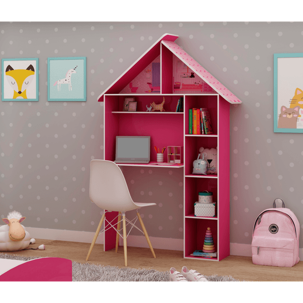 Escrivaninha Infantil Casinha em MDF, 4 Nichos - Gelius Casinha Pink Ploc Pink