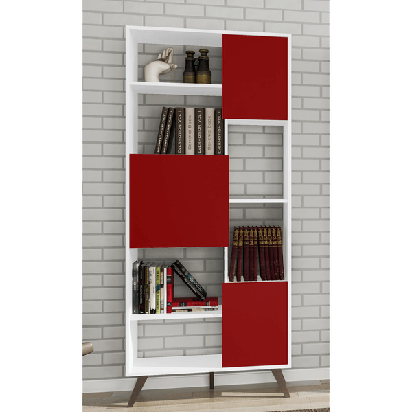 Estante Retrô, 3 Portas, 7 Prateleiras, MDP - Móvel Bento RT3039 Branco / Vermelho